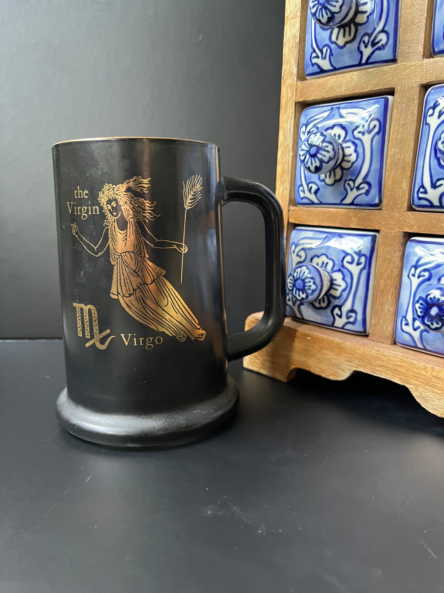 Vintage Virgo Zodiac Beer Stein – 1970s Black Milk Glass Mug with Gold Detailing | Astrology Decor for Earth Signs