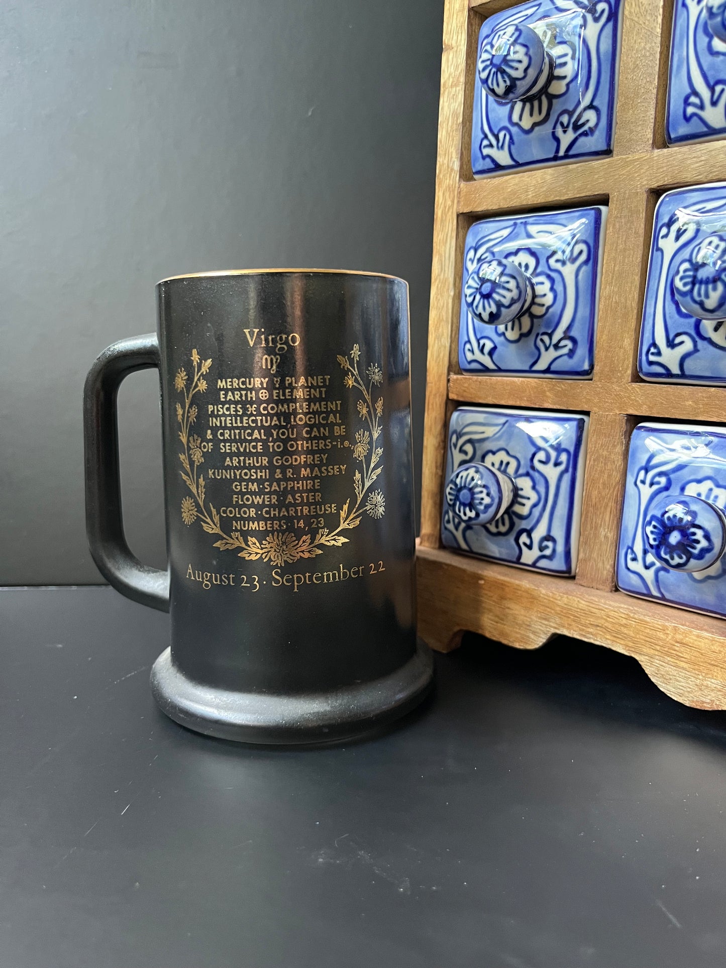 Vintage Virgo Zodiac Beer Stein – 1970s Black Milk Glass Mug with Gold Detailing | Astrology Decor for Earth Signs