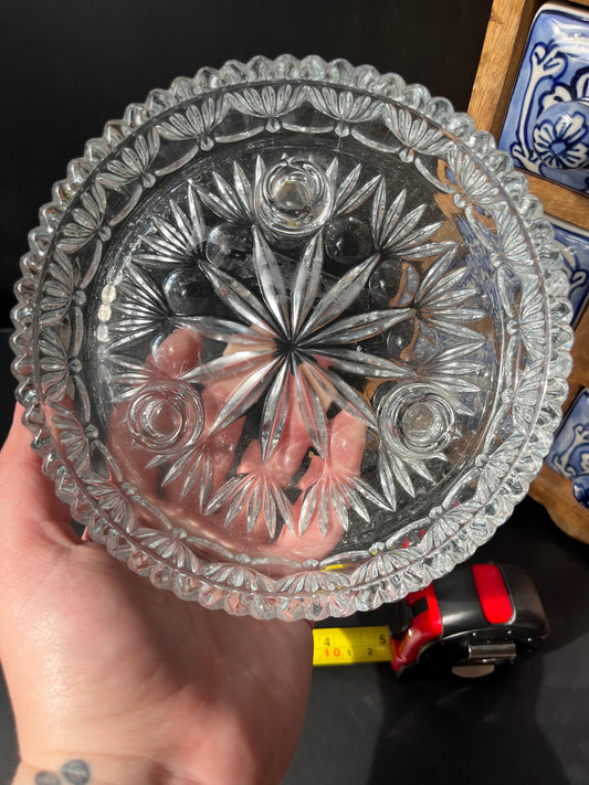 Princess House Fostoria Highlights Glass Triangle Candle Holder – Vintage Circular Bowl for Chime Candles & Ritual Use