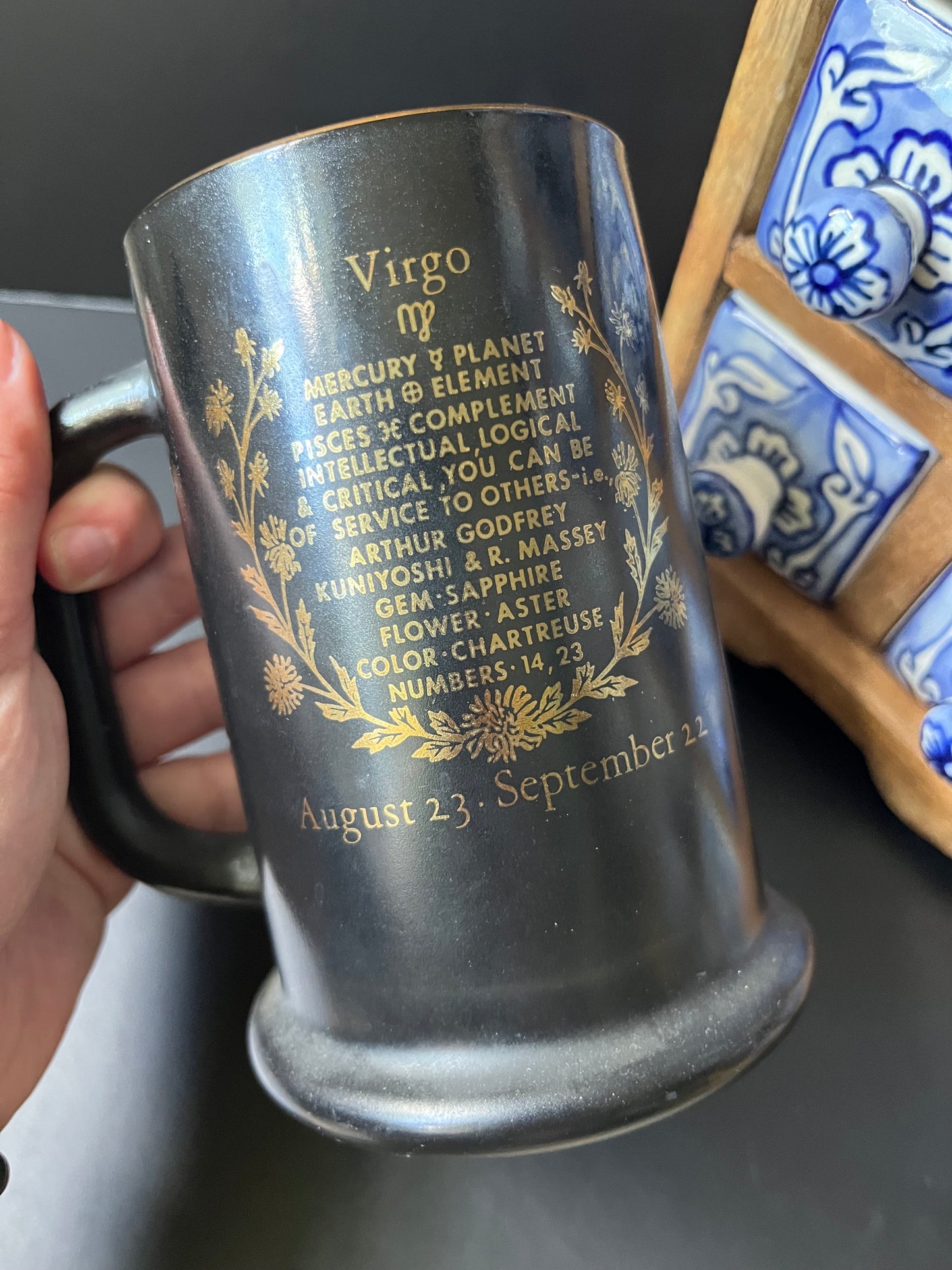 Vintage Virgo Zodiac Beer Stein – 1970s Black Milk Glass Mug with Gold Detailing | Astrology Decor for Earth Signs