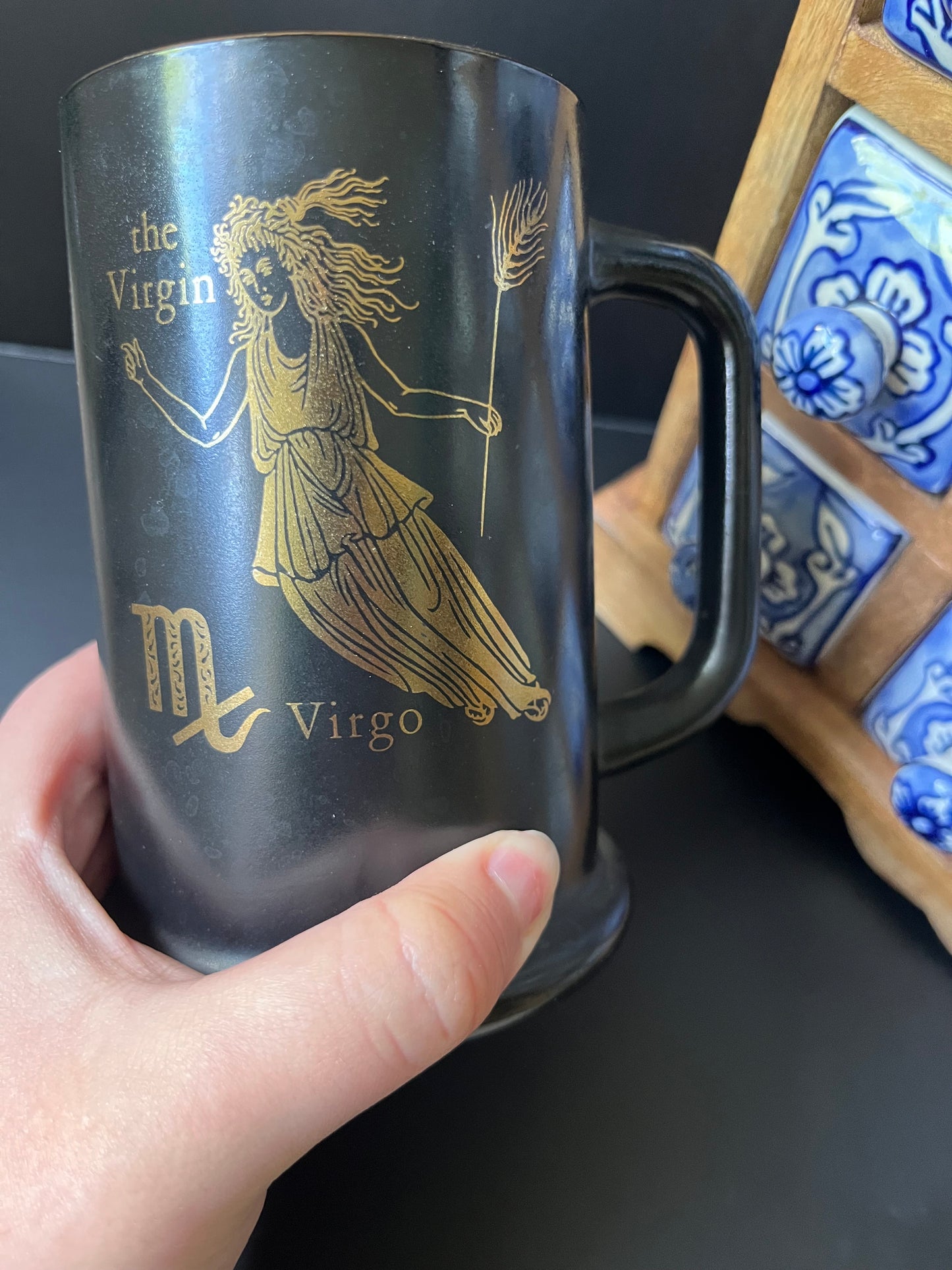 Vintage Virgo Zodiac Beer Stein – 1970s Black Milk Glass Mug with Gold Detailing | Astrology Decor for Earth Signs
